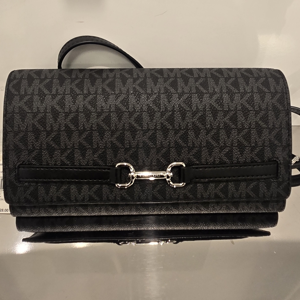Michael Kors Carson LG Wallet Shoulder Crossbody Bag MK Black NWT